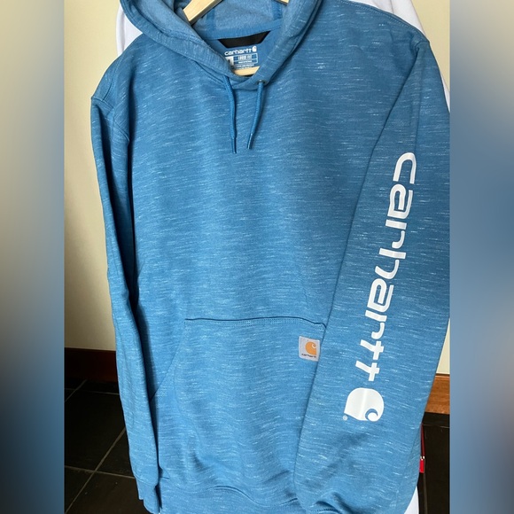 Men's light blue Carhartt Hoodie with white sleeve lettering. Size M - Picture 5 of 6